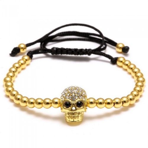 Bracelet Tête De Mort Strass Et Perle Femme Homme Couleur Doré