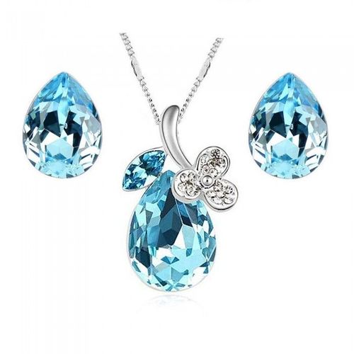 Parure Bijoux Goutte Fleur Argentée Femme Couleur Bleu Turquoise