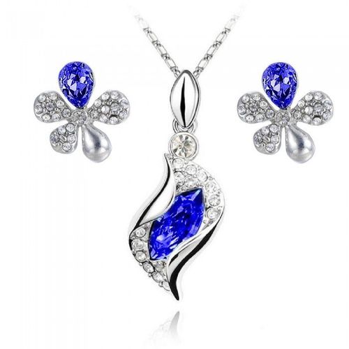 Parure Bijoux Fleur Argentée Femme Couleur Bleu Roi