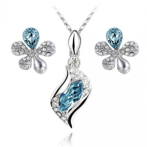 Parure Bijoux Fleur Argentée Femme Couleur Bleu Turquoise