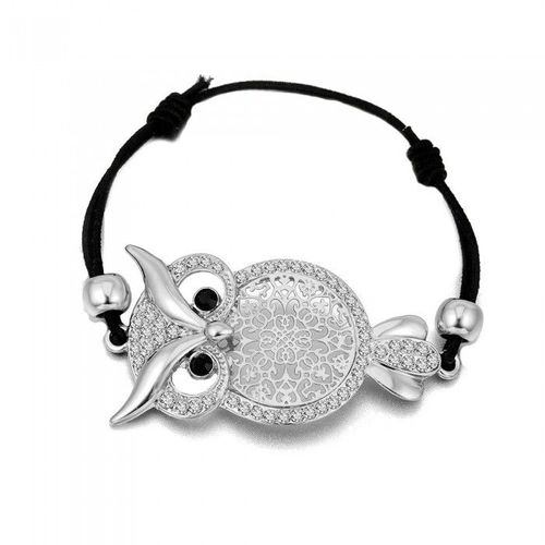 Bracelet Hibou Ciselé Strass Cordon Femme Couleur Argenté