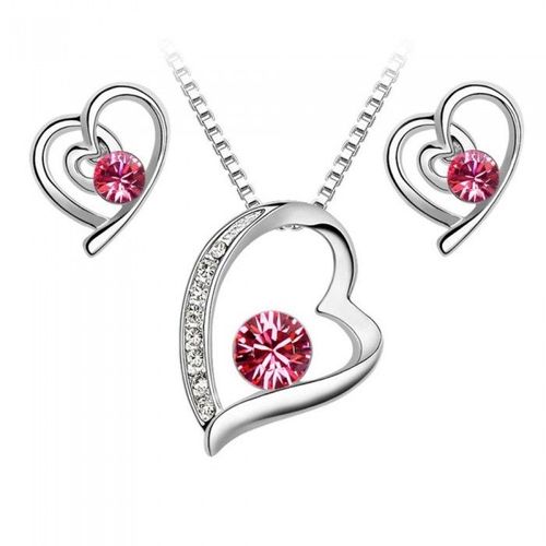 Parure Bijoux Coeur Argentée Femme Couleur Rose Fushia