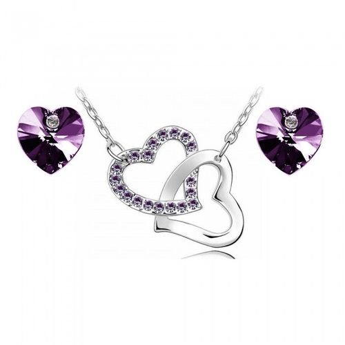 Parure Bijoux 2 Coeurs Argentée Femme Couleur Violet