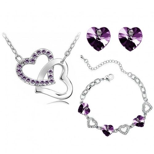 Parure Bijoux 2 Coeurs Avec Bracelet Argentée Femme Couleur Violet