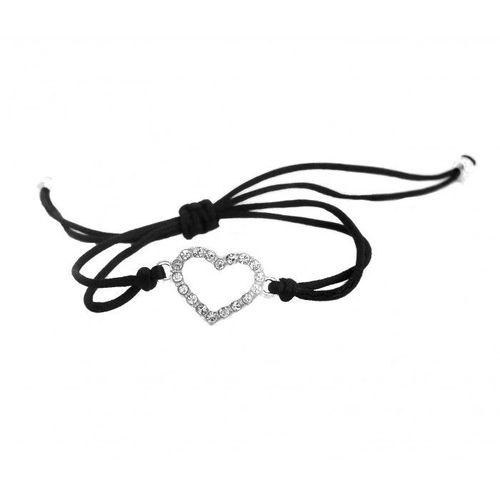 Bracelet Coeur Argenté Strass Cordon Femme Couleur Noir