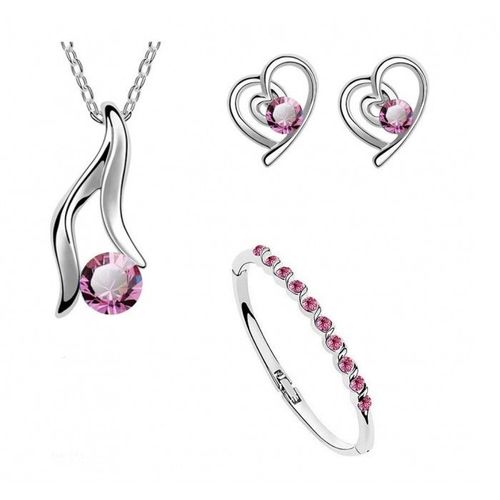 Parure Bijoux Coeur Avec Bracelet Argentée Femme Couleur Rose