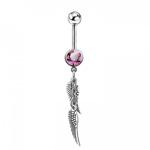 Piercing Nombril Plume Strass Acier Chirurgical Femme Couleur Rose Clair