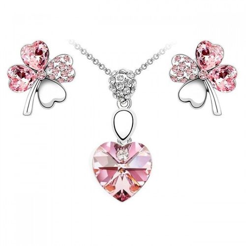 Parure Bijoux Trèfle Et Coeur Cristal Argentée Femme Couleur Rose