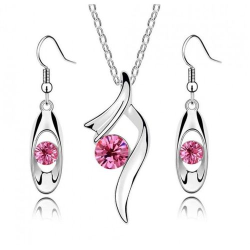 Parure Bijoux Strass Argentée Boucles D'oreilles Pendantes Crochet Femme Couleur Rose