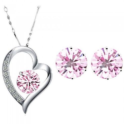 Parure Bijoux Coeur Oxyde De Zirconium Boucles D'oreilles Puce Argentée Femme Couleur Rose