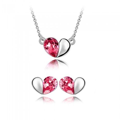 Parure Bijoux 2 Coeurs Cristal Argentée Boucles D'oreilles Puce Femme Couleur Rose Fushia