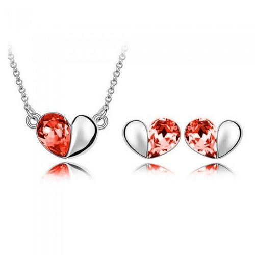Parure Bijoux 2 Coeurs Cristal Argentée Boucles D'oreilles Puce Femme Couleur Orange