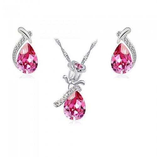 Parure Bijoux Fleur Rose Et Goutte Argentée Femme Couleur Rose Fushia