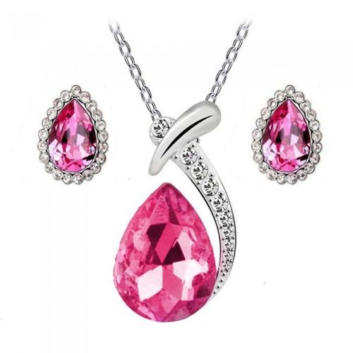 Parure Bijoux Goutte D'eau Boucles D'oreilles Puce Argentée Femme Couleur Rose Fushia
