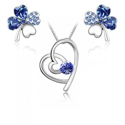 Parure Bijoux Coeur Boucles D'oreilles Trèfle Argentée Femme Couleur Bleu Roi