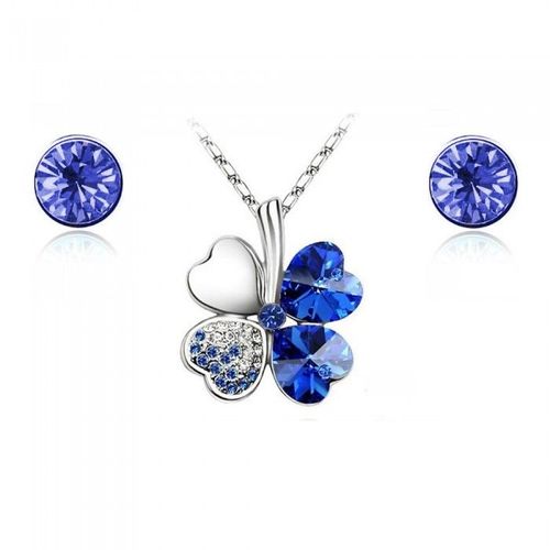 Parure Bijoux Trèfle Boucles D'oreilles Clou Puce Argentée Femme Couleur Bleu Roi