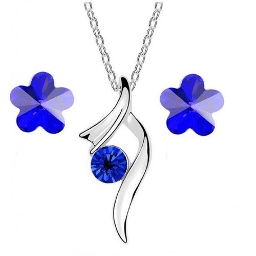 Parure Bijoux Fleur Strass Argentée Femme Couleur Bleu Roi