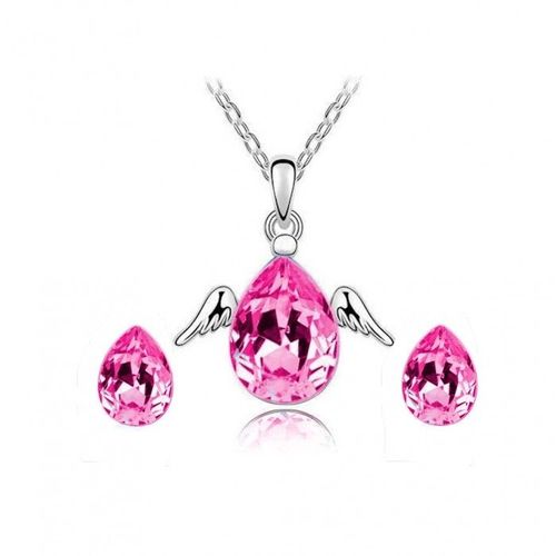 Parure Bijoux Goutte Aile D'ange Argentée Femme Couleur Rose Fushia