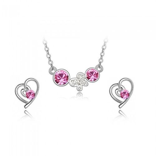 Parure Bijoux Papillon Boucles D'oreilles Coeur Argentée Femme Couleur Rose Fushia