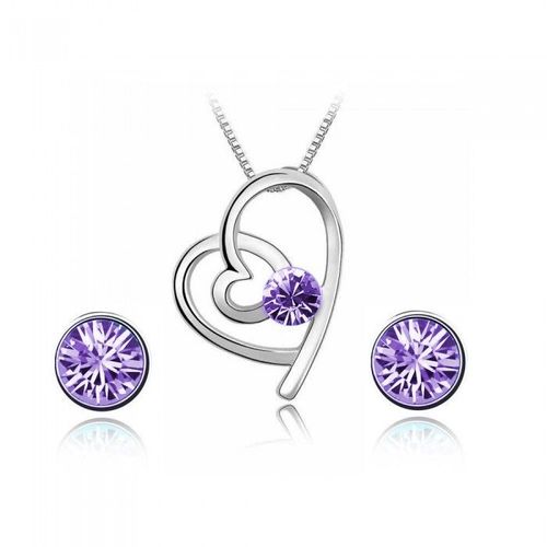 Parure Bijoux 2 Coeurs Boucles D'oreilles Puce Strass Argentée Femme Couleur Mauve