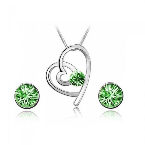 Parure Bijoux 2 Coeurs Boucles D'oreilles Puce Strass Argentée Femme Couleur Vert