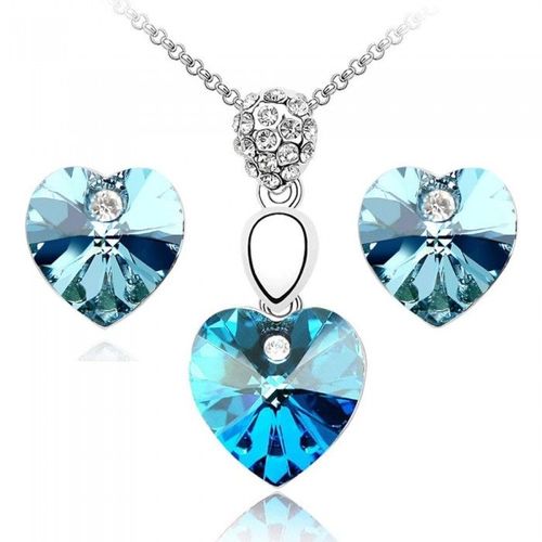 Parure Bijoux Collier Pendentif Coeur Boucles D'oreilles Puce Argentée Femme Couleur Bleu Turquoise