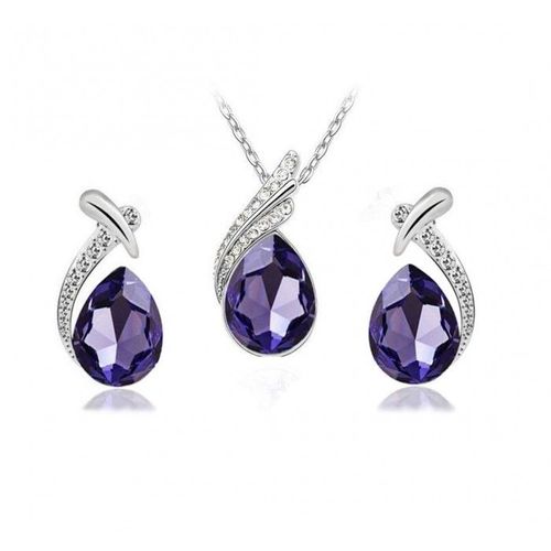 Parure Bijoux Feuille Goutte Argentée Femme Couleur Violet