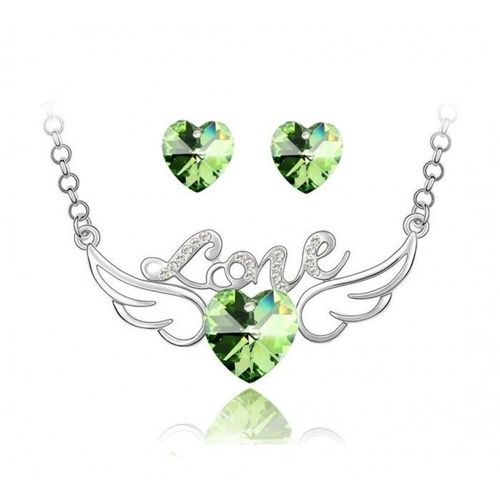 Parure Bijoux Coeur Love Strass Aile D'ange Argentée Femme Couleur Vert