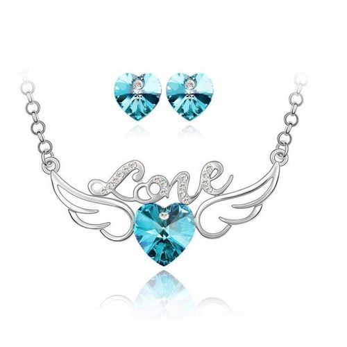 Parure Bijoux Coeur Love Strass Aile D'ange Argentée Femme Couleur Bleu Turquoise