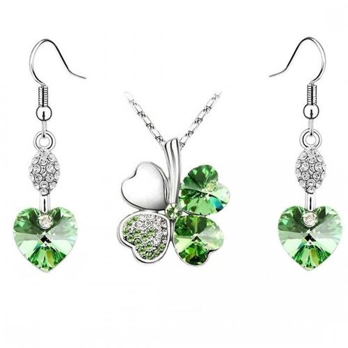 Parure Bijoux Collier Trèfle Et Boucles D'oreilles Coeur Pendant Argentée Femme Couleur Vert