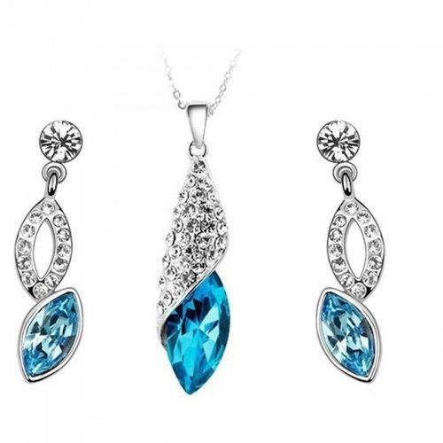 Parure Bijoux Goutte Ovale Pendant Argentée Femme Couleur Bleu Turquoise