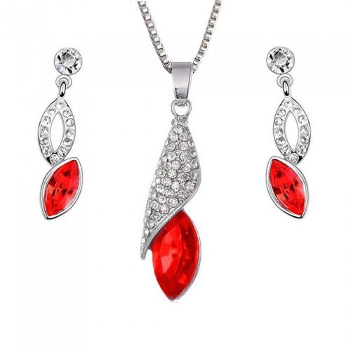 Parure Bijoux Goutte Ovale Pendant Argentée Femme Couleur Rouge