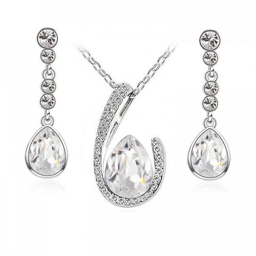 Parure Bijoux Collier Boucles D'oreilles Goutte D'eau Argentée Femme Couleur Blanc