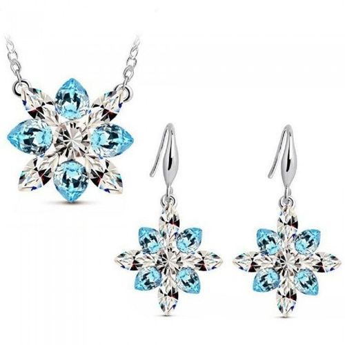 Parure Bijoux Collier Boucles D'oreilles Fleur Argentée Femme Couleur Bleu Turquoise