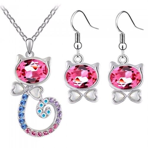 Parure Bijoux Chat Noeud Papillon Coeur Argentée Femme Couleur Rose Fushia