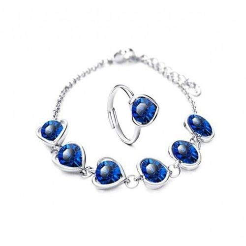 Parure Bijoux Coeur Bracelet Et Bague Réglable Argentée Femme Couleur Bleu Roi