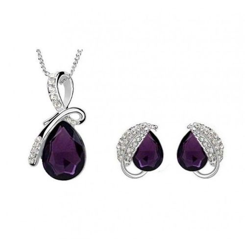 Parure Bijoux Collier Goutte Boucles D'oreilles Feuille Argentée Femme Couleur Violet