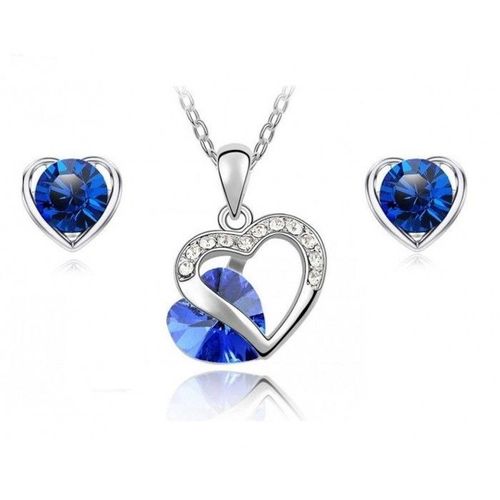 Parure Bijoux Coeur Boucles D'oreilles Clou Puce Argentée Femme Couleur Bleu Roi