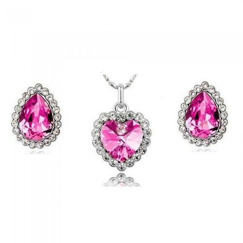 Parure Bijoux Coeur De L'océan Boucles D'oreilles Puce Goutte Argentée Femme Couleur Rose Fushia