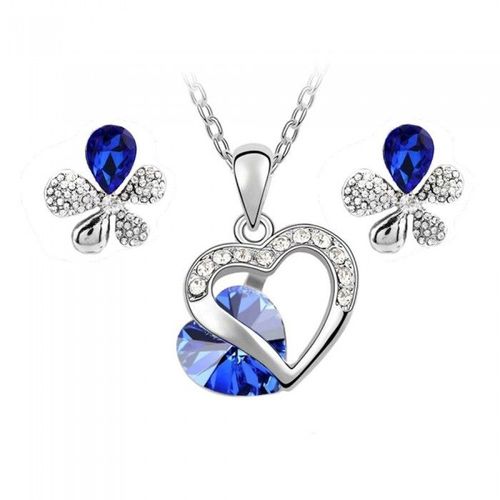 Parure Bijoux Coeur Boucles D'oreilles Fleur Argentée Femme Couleur Bleu Roi