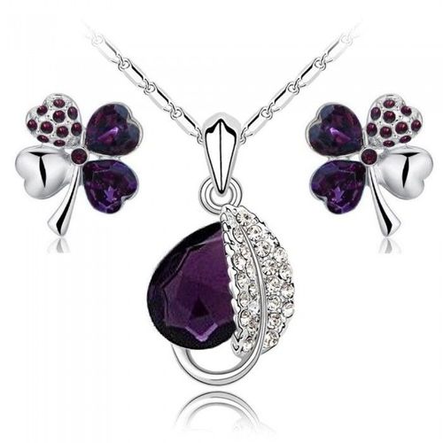 Parure Bijoux Goutte Feuille Trèfle Coeur Argentée Femme Couleur Violet