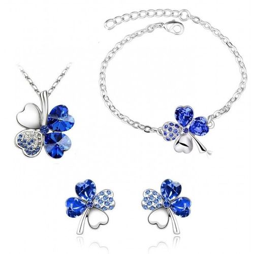 Parure Bijoux Collier Boucles D'oreilles Bracelet Trèfle Argentée Femme Couleur Bleu Roi