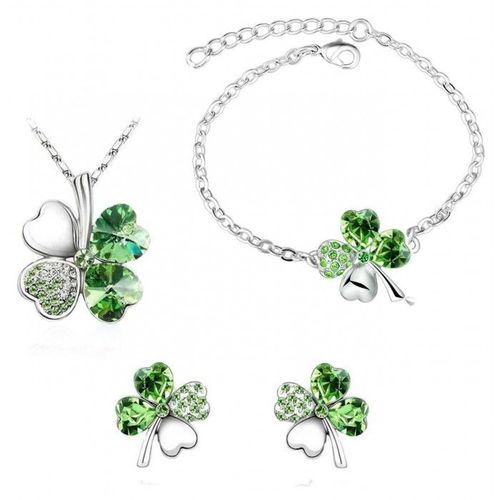 Parure Bijoux Collier Boucles D'oreilles Bracelet Trèfle Argentée Femme Couleur Vert