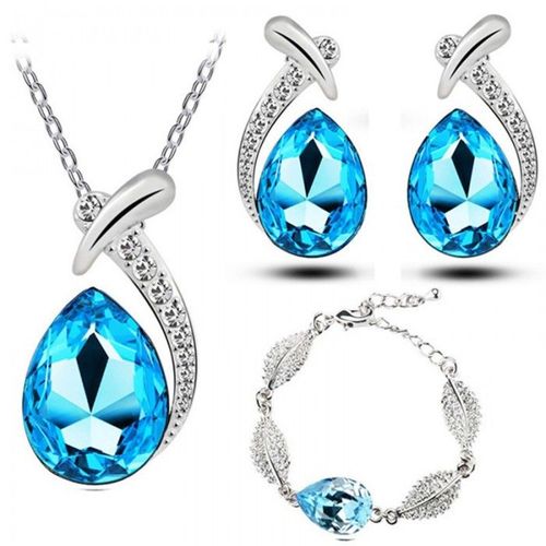 Parure Bijoux Avec Bracelet Goutte D'eau Argentée Femme Couleur Bleu Turquoise