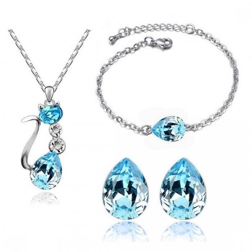 Parure Bijoux Collier Chat Boucles D'oreilles Et Bracelet Goutte Argentée Femme Couleur Bleu Turquoise