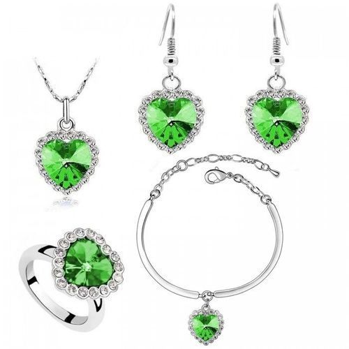 Parure Bijoux Coeur De L'océan Collier Boucles D'oreilles Bracelet Et Bague Réglable Argentée Femme Couleur Vert