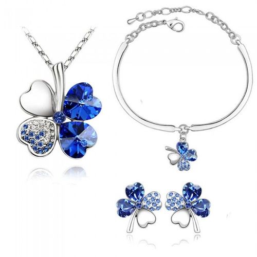 Parure Bijoux Trèfle Collier Boucles D'oreilles Bracelet Argentée Femme Couleur Bleu Roi