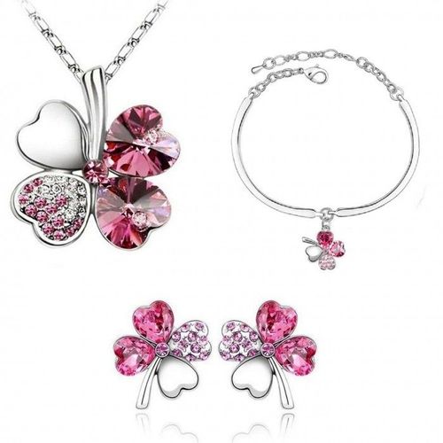 Parure Bijoux Trèfle Collier Boucles D'oreilles Bracelet Argentée Femme Couleur Rose