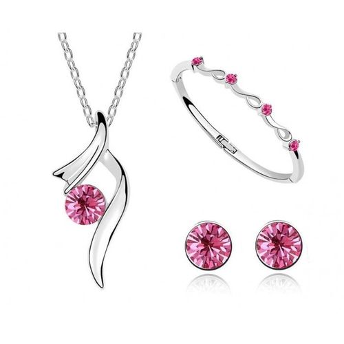 Parure Bijoux Strass Collier Boucles D'oreilles Bracelet Rigide Argentée Femme Couleur Rose