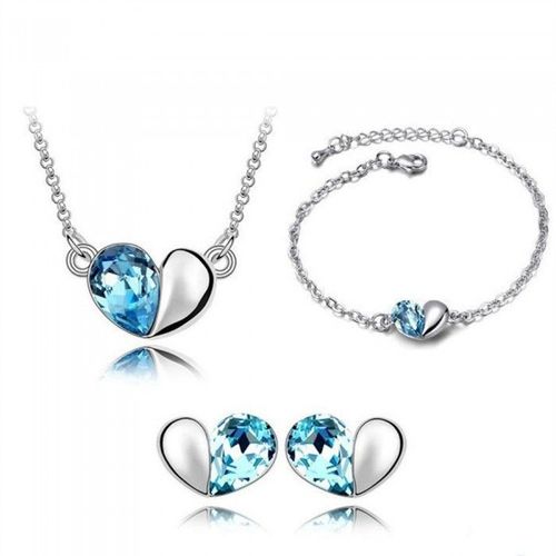 Parure Bijoux Collier Boucles D'oreilles Bracelet 2 Coeurs Argentée Femme Couleur Bleu Turquoise